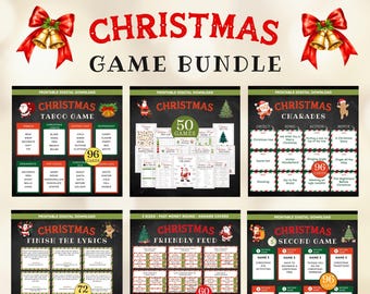 May include: A Christmas game bundle with six different game options. The games include Taboo, 50 Games, Charades, Finish the Lyrics, Friendly Feud, and a 5-Second Game. Each game has a festive design with red and green accents.