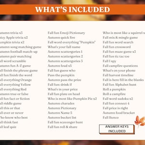 May include: A white card with a list of fall-themed games and trivia, including trivia, matching games, and word puzzles. The text "WHAT'S INCLUDED" is at the top, and "ANSWER KEYS INCLUDED" is at the bottom.