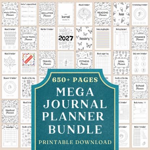 May include: A digital collection of over 650 printable planner and journal pages featuring various trackers, calendars, and organizers with black and white line art designs, including themes for finance, fitness, travel, and daily scheduling.
