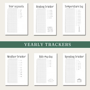 May include: A collection of six printable yearly trackers on white paper. The trackers include sections for year in pixels, reading, temperature, weather, rating the day, and spending. Each tracker has a grid for recording data.