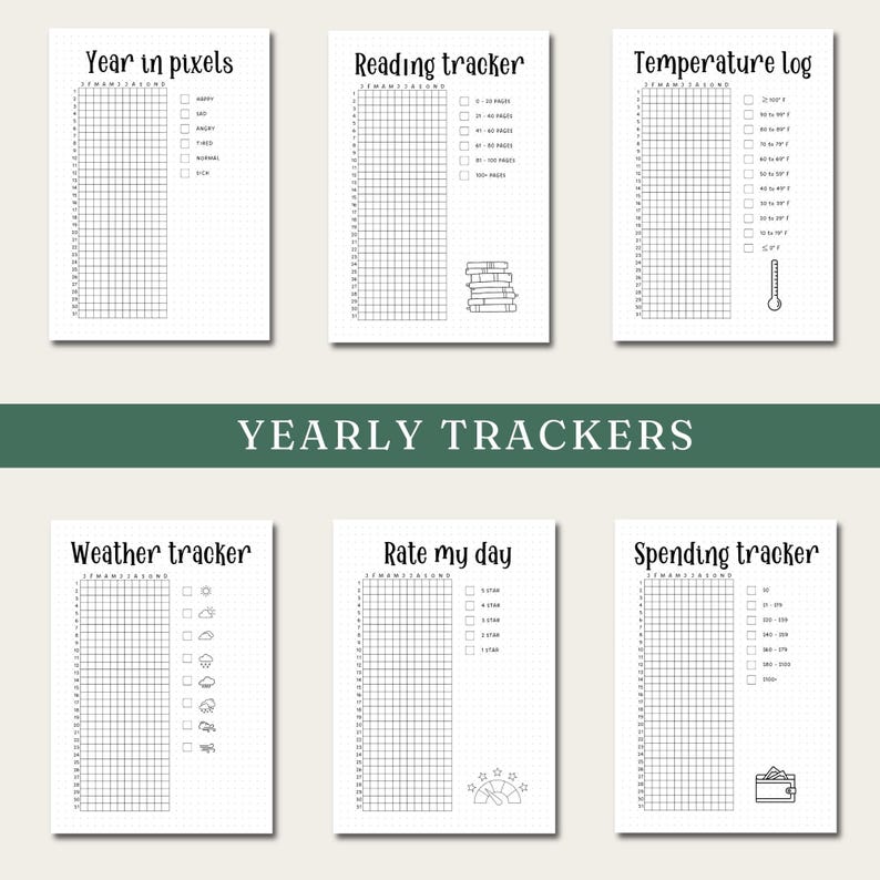May include: A collection of six printable yearly trackers on white paper. The trackers include sections for year in pixels, reading, temperature, weather, rating the day, and spending. Each tracker has a grid for recording data.