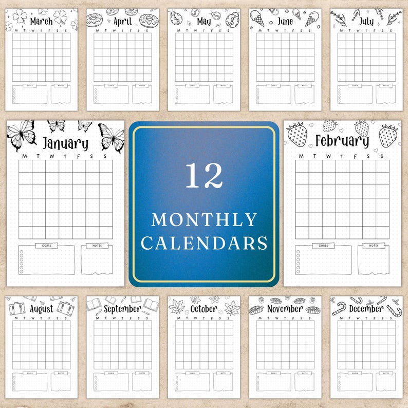 May include: A set of 12 monthly calendars, each with a different decorative header. The calendars are arranged in a grid, with space for notes and goals. The central image reads "12 Monthly Calendars". The calendars are black and white.