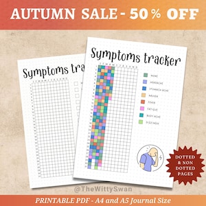 May include: Two white symptom tracker printable pages with the text "Symptoms tracker". The pages have a grid for tracking symptoms, with a color-coded key for different symptoms. The text "AUTUMN SALE - 50% OFF" is at the top.