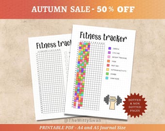 May include: Two printable fitness tracker journal pages. One page is blank, and the other has a colorful activity chart with exercise categories like cardio, cycling, and Zumba. The text "Fitness tracker" is at the top.