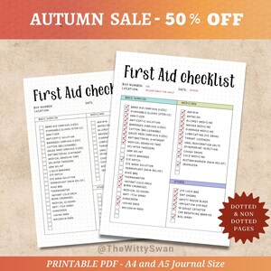 May include: Two printable first aid checklists with dotted and non-dotted pages. The checklists include sections for basic supplies, medicines, and other items. The text "AUTUMN SALE - 50% OFF" is at the top. The text "PRINTABLE PDF - A4 and A5 Journal Size" is at the bottom.