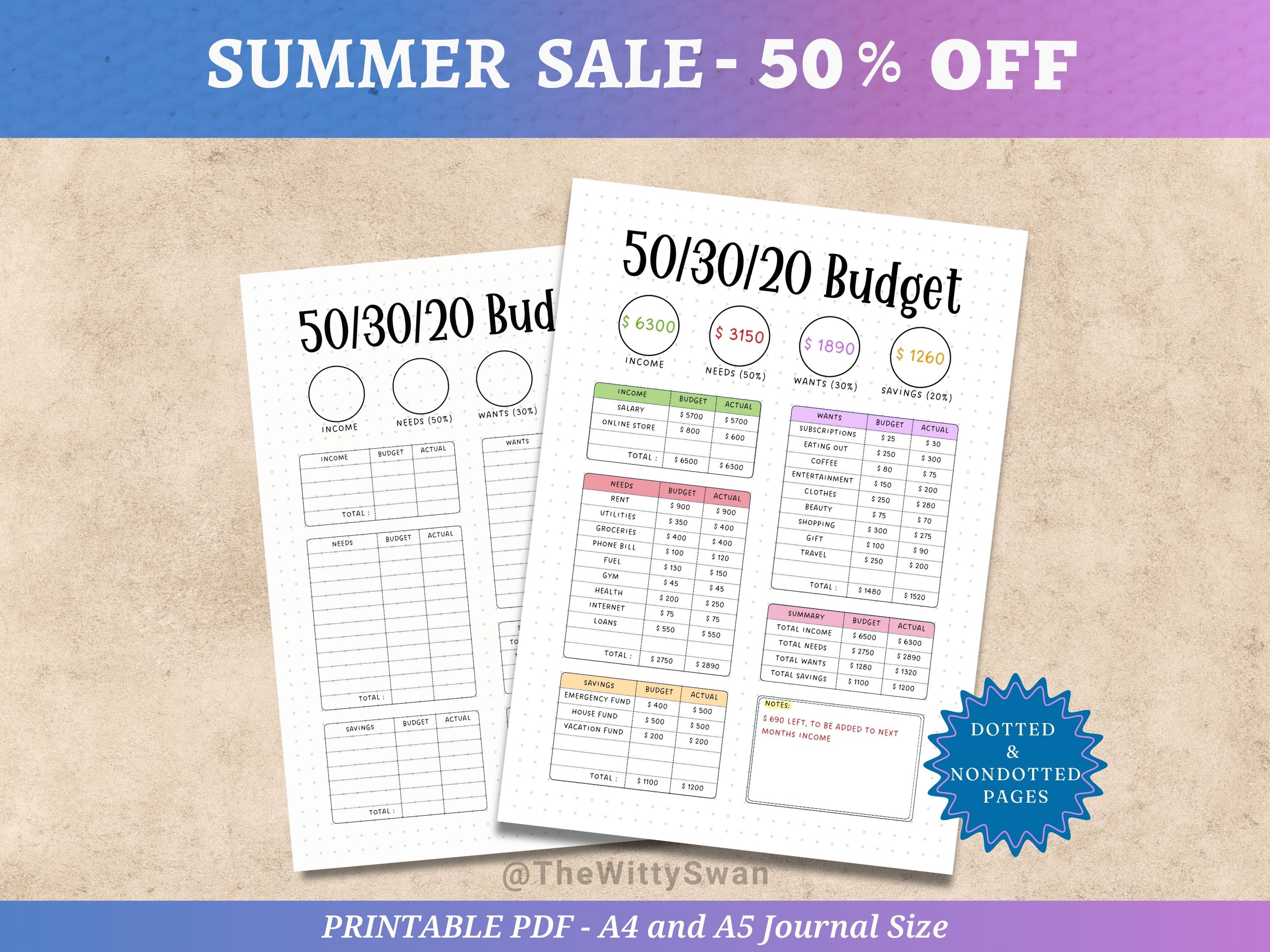50 30 20 budget tracker Journal pages printable Finance tracker Bujo printable Budgeting tracker A5 printable insert Monthly money tracker