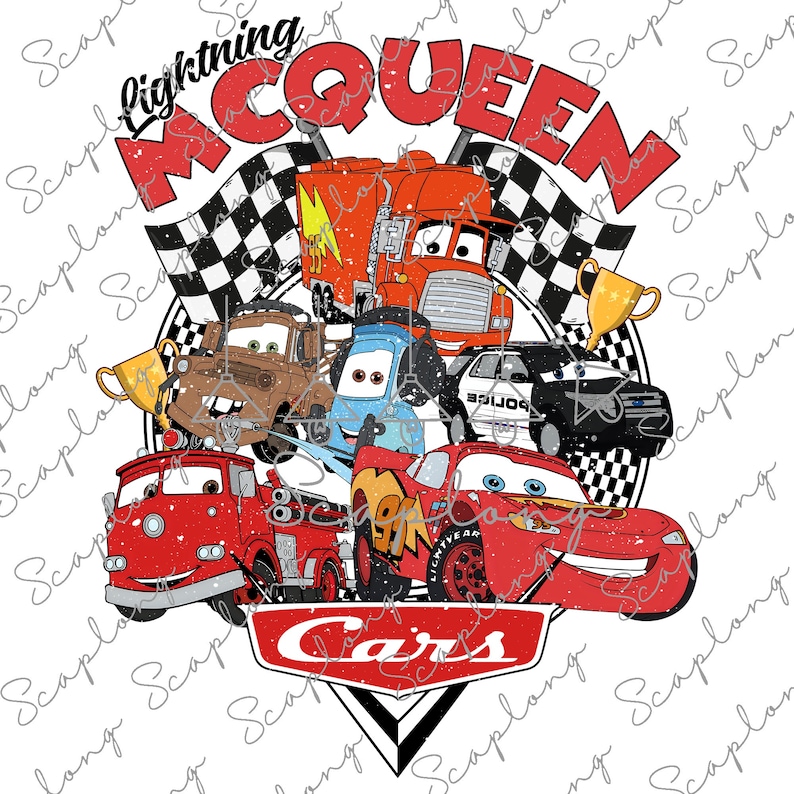 May include: A red, yellow, and blue cartoon race car with the words "Lightning McQueen" and "Cars" on it. The car is surrounded by other cartoon cars, including a red fire truck, a blue police car, and a brown truck.