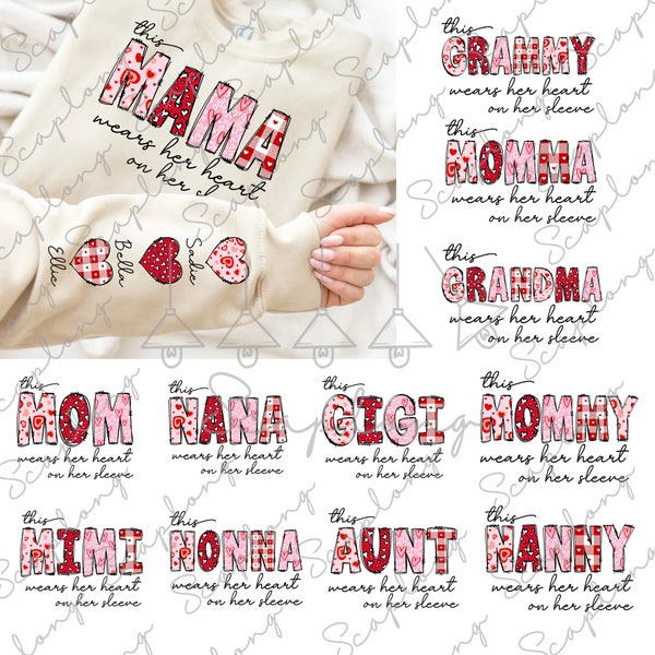 Bundle Custom This Mama Wears Her Herat on Her Sleeve Png, Valentine's Day Png, Retro Valentine Png, Mama Valentines Png, Kids Valentine Png