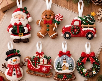 May include: A set of seven felt Christmas ornaments featuring a Santa Claus holding a gift, a gingerbread person with a lollipop, a red truck carrying a tree, a snowman, a red sleigh with gifts, a snow globe, and a green wreath with a red bow.