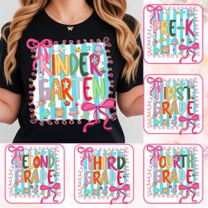 Pack rentrée preppy PNG, conception de chemise coquette de professeur pour la première journée d'école, noeud rose girly Png, niveau scolaire png, maternelle png