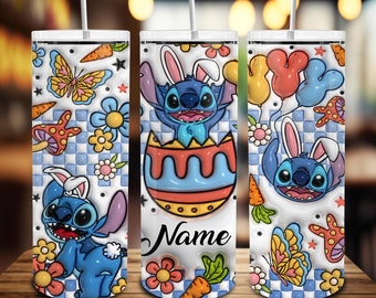Personalized Name Cartoon Easter 20oz Tumbler Wrap, 3D Inflated Happy Easters 20oz Skinny Tumbler, Easter Bunny Png, Floral Spring Tumbler
