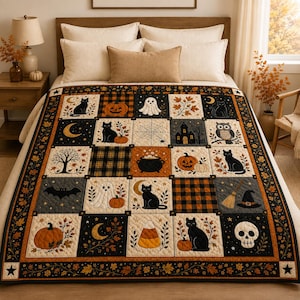 Könnte beinhalten: Ein rechteckiger Quilt mit einem Raster aus Quadraten, die Halloween-Motive wie schwarze Katzen, Kürbisse, Geister, einen Totenkopf, einen Kessel, ein Spinnennetz, Fledermäuse und Monde zeigen, ergänzt durch orange-schwarze Karomuster.