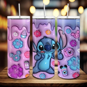 3D opgeblazen cartoon 20 oz magere beker png, drank en eten 20 oz beker wrap, 3D gezwollen koffie ontwerp sublimatie, 3D bloemen beker wraps