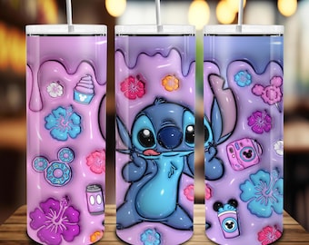 Vaso delgado inflado de 20 oz con dibujos animados 3D (PNG), envoltorio para bebidas y comida de 20 oz, diseño de café inflado 3D por sublimación, envoltorios para vasos con flores 3D