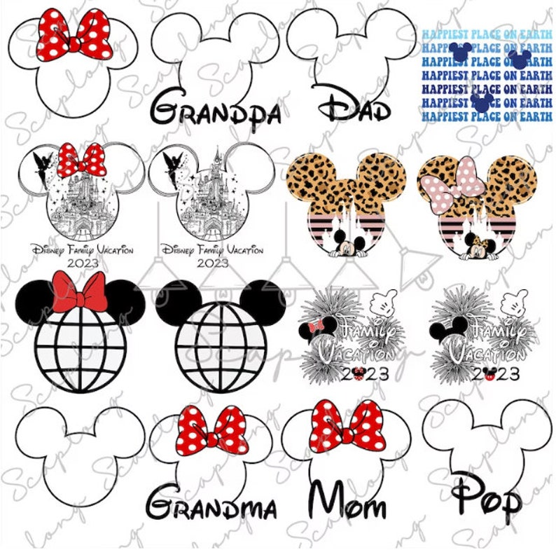 May include: A set of ten printable Disney-themed Mickey Mouse ears with different designs. The designs include a red bow with white polka dots, a globe, a castle, a leopard print, and a fireworks display. The text "Disney Family Vacation 2023" and "Happiest Place on Earth" are also included.