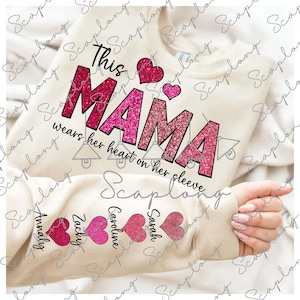 Dia dos Namorados personalizado, pacote esta mãe usa seu coração na manga, adicione seus próprios nomes, dia dos namorados png, rosa glitter mãe dia dos namorados