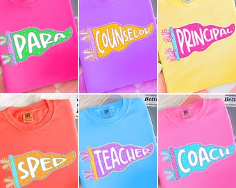School Occupation Pennants PNG Bundle, Preppy First Day of School Png, Coquette Teacher Bow Png, Teacher Sped Para Counselor, Neon Colorful