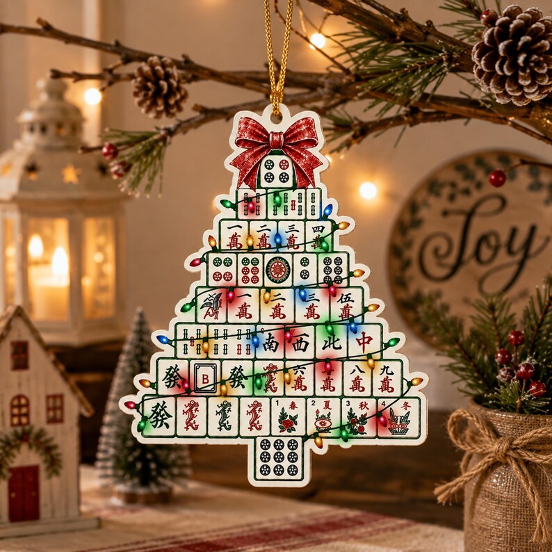 May include: A Christmas tree-shaped ornament constructed from stacked mahjong tiles. The ornament features a red bow at the top and is decorated with a string of colorful miniature LED lights. The tiles display various Chinese characters and symbols.