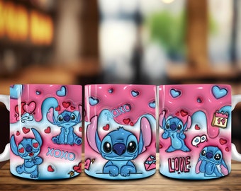 3D Inflado Rosa San Valentín 11oz Taza Envoltura, Rosa San Valentín 11oz Taza Envoltura Png, Feliz Día de San Valentín Vaso Png, Taza de San Valentín de dibujos animados hinchados 3D