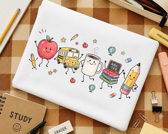 Cute School Supplies Png, Back To School Png, Kawaii Apple School Bus Notebook Pencil Png, Happy First Day School Png, Teacher Shirt Design
