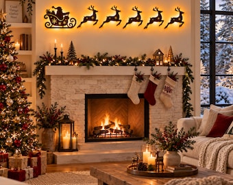Wooden Santa Sleigh and Reindeer Wall Lights, LED Backlit Christmas Wall Art, Cozy Xmas Home Decor, Holiday Mantel Decor, Christmas Gift