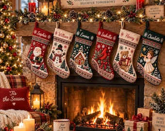 May include: Six personalized Christmas stockings hanging from a wooden mantel, each featuring unique embroidered designs including Santa, a snowman, a gingerbread house, a cardinal, a teddy bear, and an angel, with names stitched at the top.
