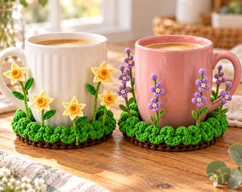May include: Two ceramic mugs resting on crocheted coasters. The white mug features yellow daffodil flowers with green stems, while the pink mug features purple lavender-like flowers with green stems, both set on green grassy bases.