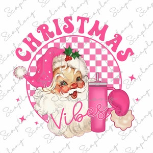 Retro Pink Christmas Vibes Sublimation Datei für Shirt Design, rosa Weihnachtsmann Tasse Png, Stanley Tumbler inspiriert digitaler Download