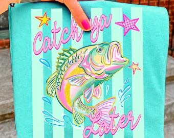 Fangen Sie Ya Später Barsch Angeln Png, Sommerangeln Shirt Design, Pastell Angeln Grafik, Adrettes Küstensee Streifen Design, Sublimation PNG