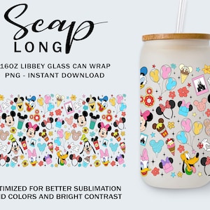 Drink And Food 16oz Glass Can Tumbler Wrap Png, Magical Snack, Magical Kingdom, Family Vacation, Vacay Mode, Mouse And Friends Tumbler Wrap