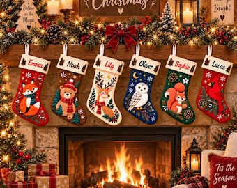 May include: Six personalized Christmas stockings hanging on a fireplace mantel. Each stocking features a unique animal design: a fox, bear, deer, owl, squirrel, and cardinal. The names Emma, Noah, Lily, Oliver, Sophie, and Lucas are embroidered on the cuffs.