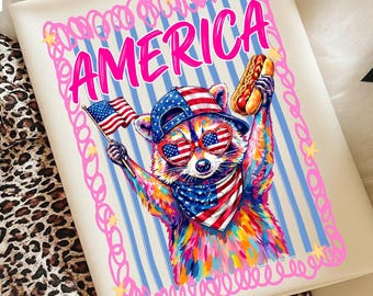 Preppy 4th of July Raccoon Png, Brushstroke Raccoon Hot Dog Png, Feral USA Shirt Png, Kids America Png, Cute Freeddom Design, Patriotic Png
