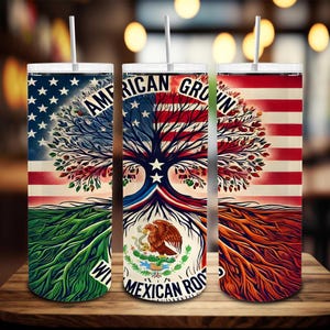 American Grown con radici messicane Tumbler 20oz, radici messicane spagnolo 20oz, Mexicana Patriotic Wrap Png, bandiera messicana e bandiera degli Stati Uniti Wrap 20oz