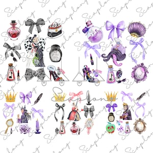 Bundle Watercolor Villain Coquette Bow Png, Witch Mirror Png, Villain Princess Coquette Png, Cartoon Pink Ribbon Png, Bow Sublimation Design