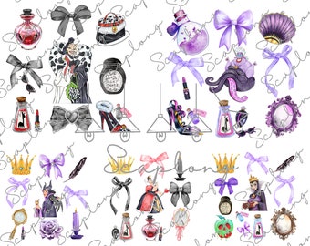 Paquete de imágenes PNG de coquetas de villanas en acuarela, espejos de brujas en PNG, coquetas de princesas villanas en PNG, cintas rosas de dibujos animados en PNG, diseño de sublimación de lazos