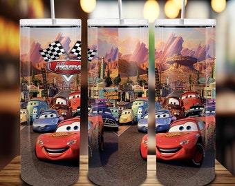 Sublimation de gobelet fin voiture personnalisée 20 oz, design de gobelet personnalisé pour enfants, emballage de gobelet de personnages de voitures de dessins animés, voiture rétro heureuse, cadeau pour lui