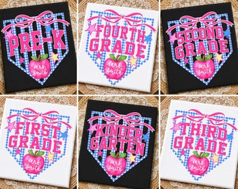 Grade Level Home Plate PNG Bundle, Coquette Back To School Png, Pre-K to 4th Grade Png, Custom Teacher Apple Png, Blue Gingham Striped Png