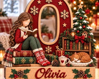 May include: A decorative wooden display featuring a large letter O, a figurine of a person reading a book, a miniature Christmas tree, a sleeping orange cat, and a shelf of books. The base is engraved with the name Olivia and decorated with holly.