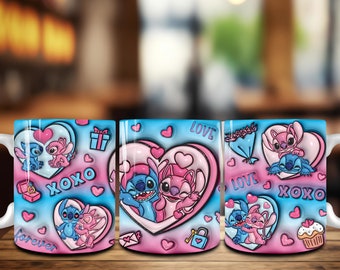 Sublimación de envoltura de taza de San Valentín de dibujos animados inflados en 3D, Feliz día de San Valentín Png, Envoltura de taza de San Valentín de 11 oz, Taza de café 3D Puff Love XOXO Png