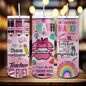 Gepersonaliseerde roze leraar 20oz magere beker png, gezwollen leraar regenboog beker, leraar liefde inspireren, beker voor leraar leven wrap sublimatie