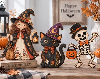 2D Wooden Ghost Witch Pumpkin Blocks, Halloween Wooden Pumpkin Sitter, Rustic Fall Tiered Tray Decor, Halloween Gift, Farmhouse Table Decor