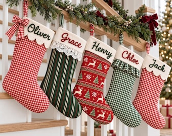 May include: Five personalized Christmas stockings hanging on a staircase railing. The stockings feature various patterns including red and white gingham, green and white stripes, and red with white reindeer and tree motifs, each with a name.