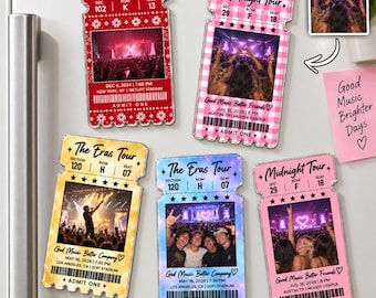 May include: Five rectangular concert ticket magnets featuring concert photos and event details. Designs include red, pink, gold, and blue themes with text like The Eras Tour and Midnight Tour, section, row, and seat numbers, and barcodes.