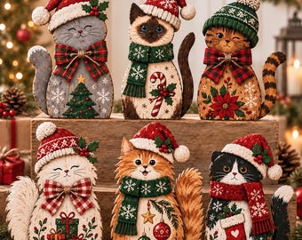 May include: Six wooden cat figurines decorated for the holidays. Each cat wears a winter hat and scarf, featuring festive patterns like Christmas trees, candy canes, poinsettias, wrapped gifts, ornaments, and stockings in red, green, and white.
