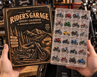 May include: A black rectangular advent calendar box titled The Rider's Garage with a motorcycle illustration and a clear plastic tray containing 24 miniature motorcycles in various colors and styles, including sport bikes, cruisers, and scooters.