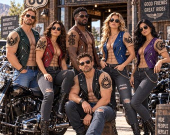 May include: Five individuals wearing leather vests in green, red, brown, blue, and purple over tan shirts, paired with jeans and sunglasses. They stand in front of a wooden building with a Route 66 sign and a Biker Bar sign, posing near motorcycles.