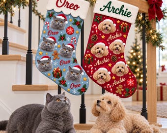May include: Two personalized Christmas stockings hanging on a staircase. The blue stocking features a grey cat, the name Oreo, and holiday icons. The red stocking features a tan dog, the name Archie, and holiday icons. A grey cat and a tan dog sit below.