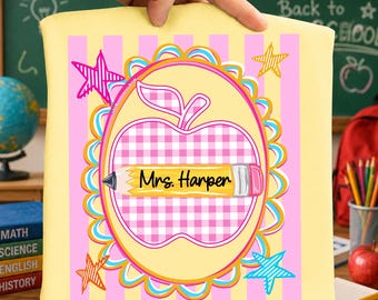 Preppy Back To School Png, Custom Teacher Pencil Png, Teacher Apple Png, Pink Gingham Stripes, School Girl Png, First Day of School Png