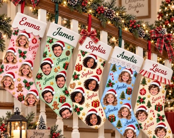 May include: Five personalized Christmas stockings hanging on a staircase railing. Each stocking features a name at the top, a photo of a person wearing a Santa hat, and festive patterns including candy canes, gifts, and holly.