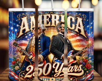America 250 Years Tumbler Wrap PNG, USA Presidents Playing Guitar Png, 1776 2026 Patriotic 20oz Skinny Tumbler PNG, 250th Anniversary Wrap